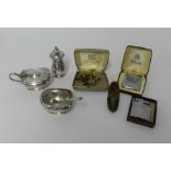 A mixed lot, EPNS three piece condiment set, Ronson and other lighter, gents cufflinks and cased