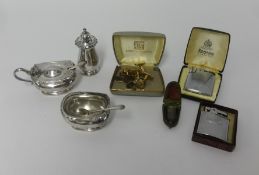 A mixed lot, EPNS three piece condiment set, Ronson and other lighter, gents cufflinks and cased