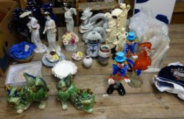 A collection of china and glassware including oriental dragons, Murano clowns, pottery wares and