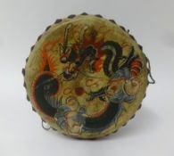 An antique hand painted Chinese hand drum, diameter 23cm.