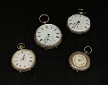 Four silver dial pocket watches, one back plate stamped 16326, one back plate 223122.