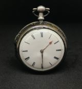 A tortoiseshell pair cased pocket watch, verge pierced and chased movement, arabic enamel dial.