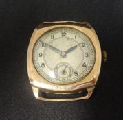 A 9ct gold vintage gents watch with arabic numerals and sub-second dial, lacks bracelet.