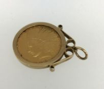 American, gold ten dollar coin 1913, Liberty Head, in gold pendant mount, total weight 21.8gms.
