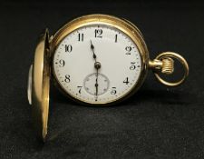 John Bennett, an 18ct gold half hunter pocket watch. petite size, arabic white enamel dial,