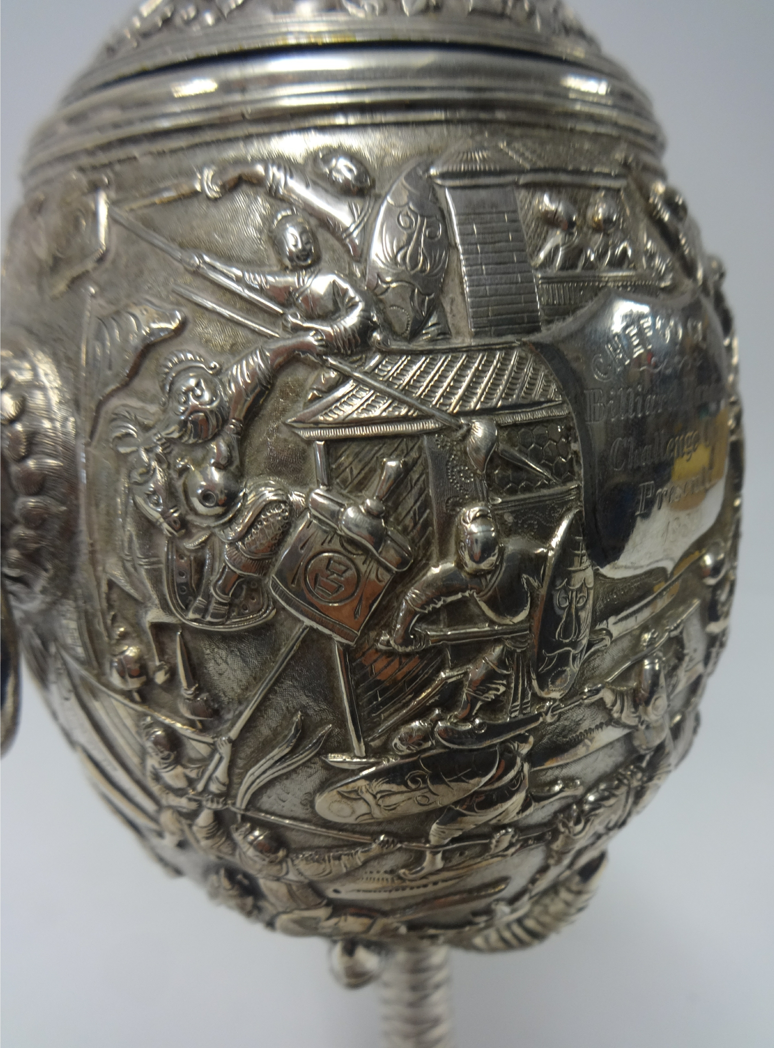 Chinese Export Silver, a Challenge Cup, richly embossed decorated with various scenes including - Image 10 of 10