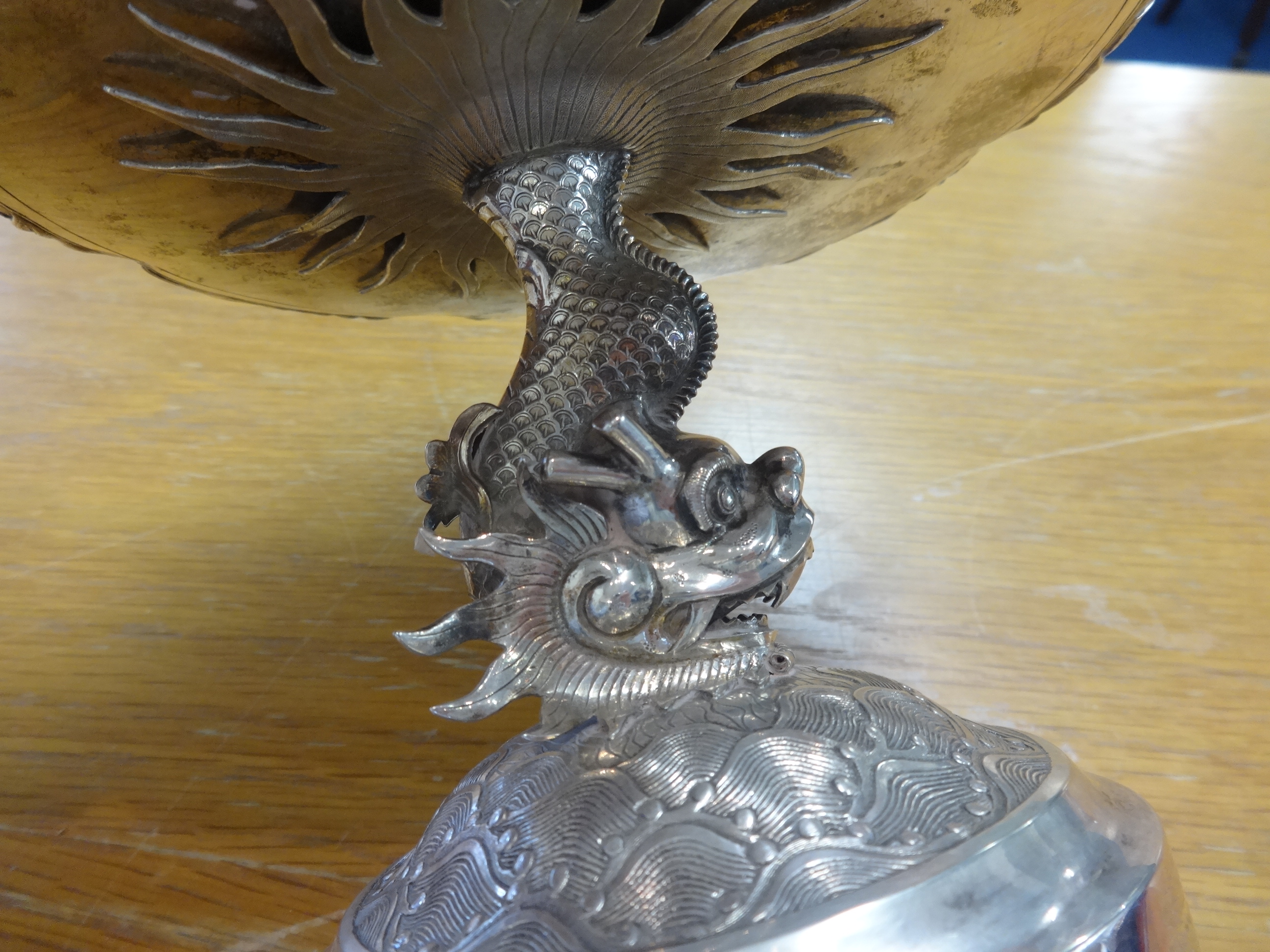 Chinese Export Silver, a comport richly decorated with panels of dragons, birds on branches and - Image 3 of 6