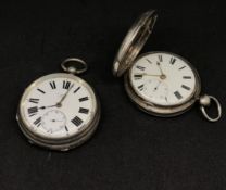 Two silver large pocket watches, one back plate stamped CM, Movement, Mollis?, Jacobs, Exeter, the