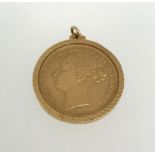 A gold coin in the style of a Victoria, 1879 two pound coin, in gold pendant mount, total weight