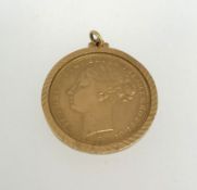 A gold coin in the style of a Victoria, 1879 two pound coin, in gold pendant mount, total weight
