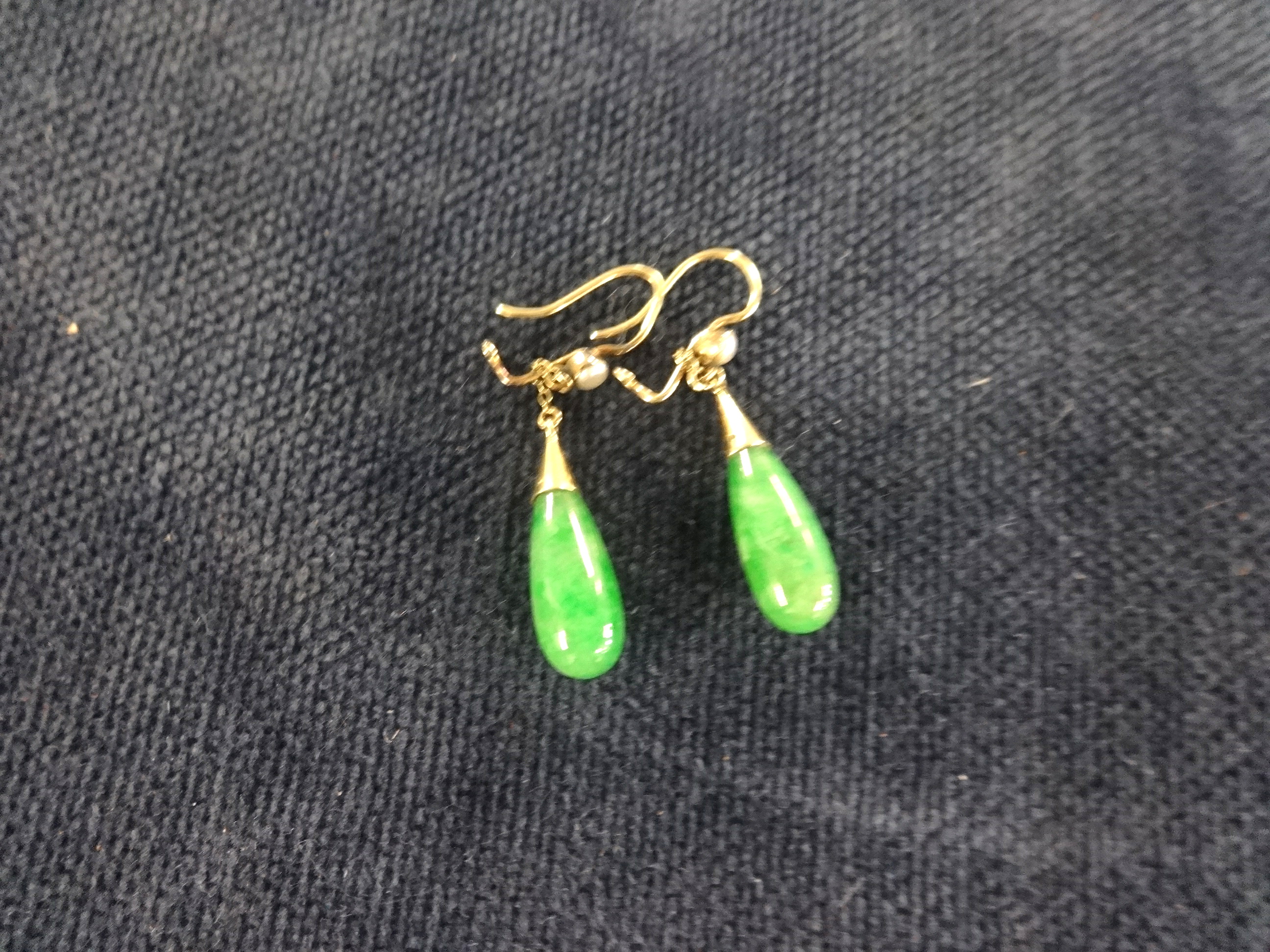 A pair of antique gold, pearl and jade drop earrings.