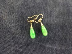 A pair of antique gold, pearl and jade drop earrings.