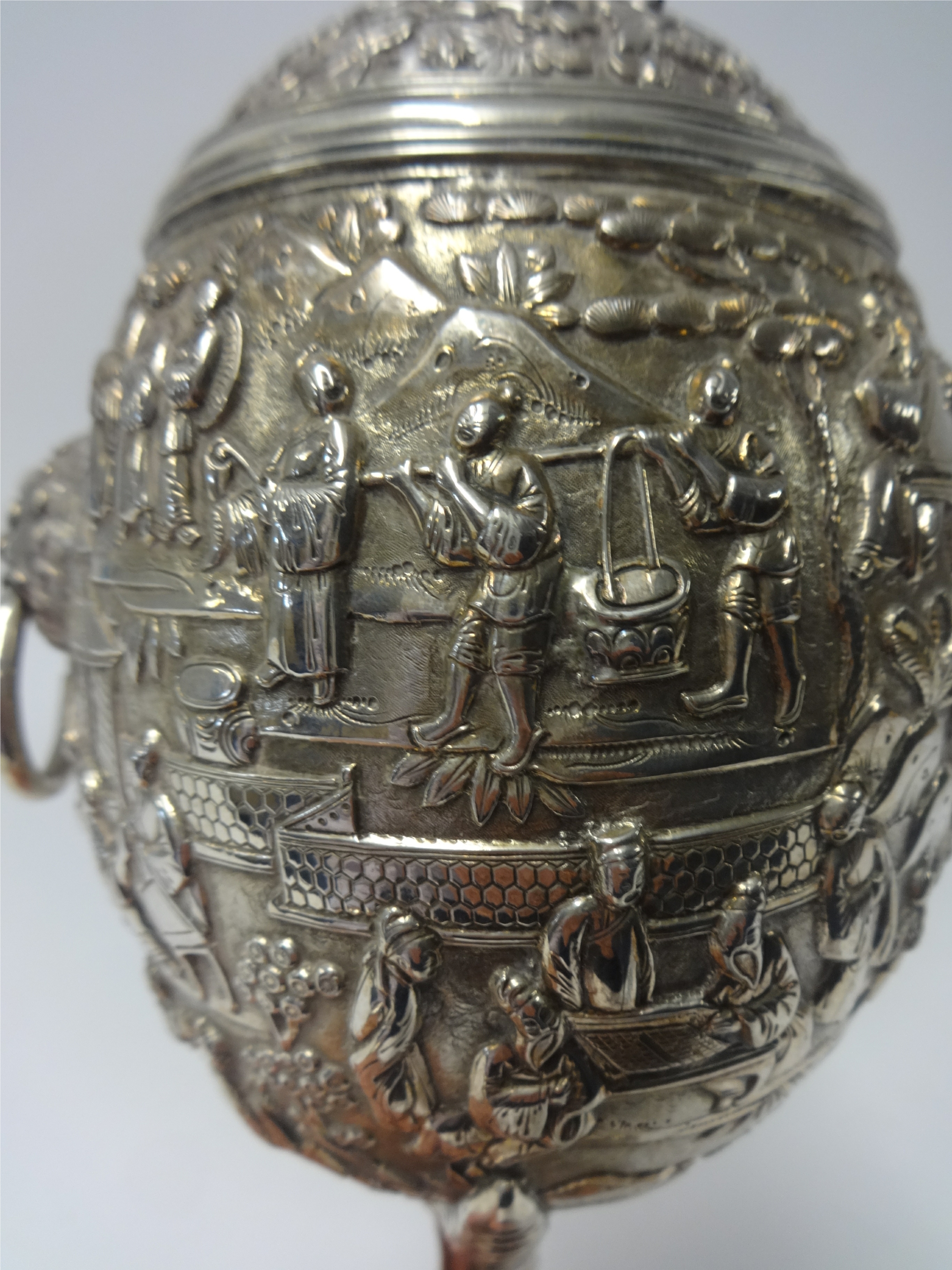 Chinese Export Silver, a Challenge Cup, richly embossed decorated with various scenes including - Image 2 of 10