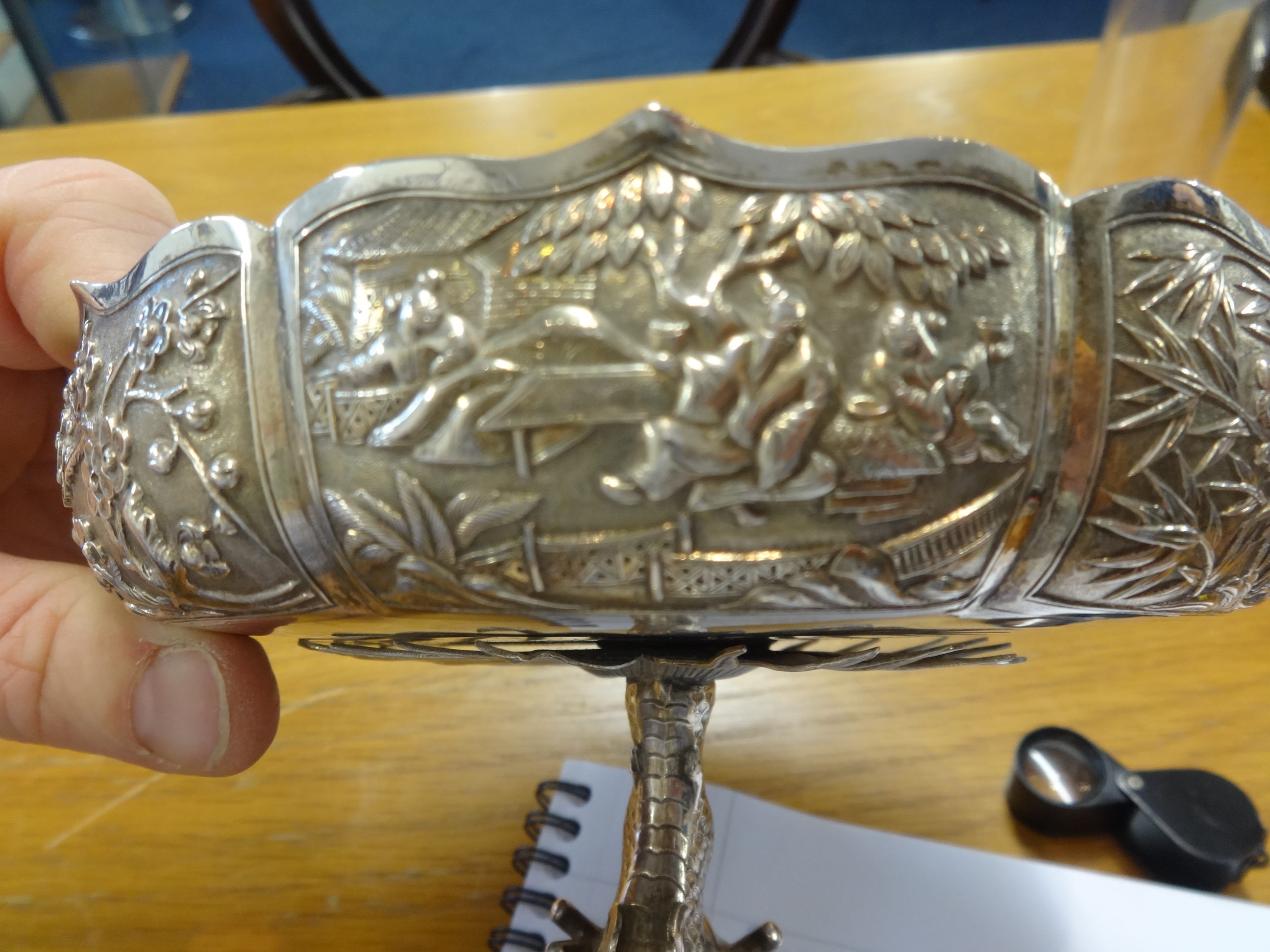 Chinese Export Silver, a comport richly decorated with panels of dragons, birds on branches and - Image 6 of 6
