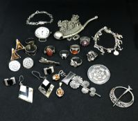 A collection of various silver rings, assorted silver jewellery, a bosuns whistle and a open face