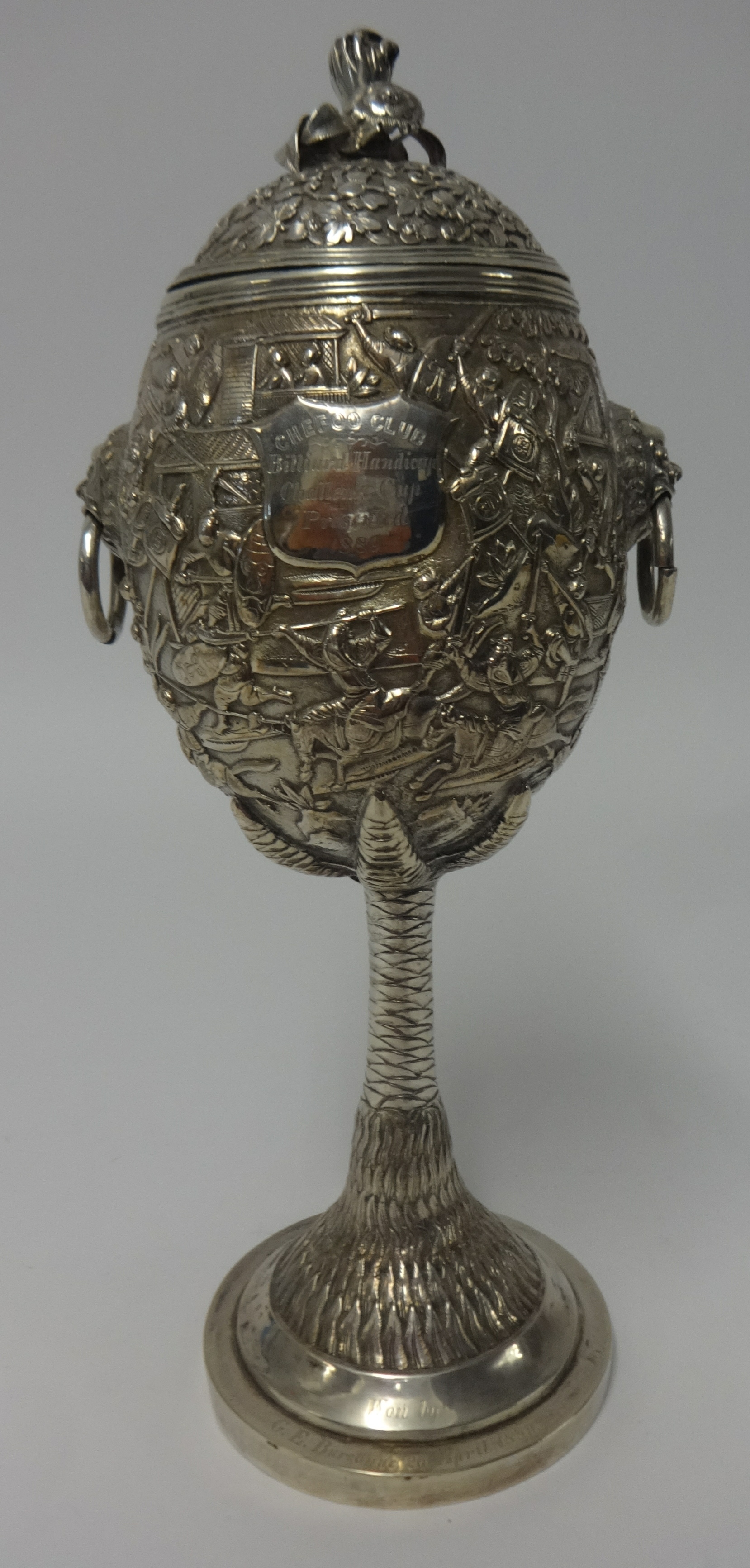 Chinese Export Silver, a Challenge Cup, richly embossed decorated with various scenes including - Image 4 of 10