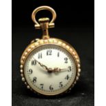 A 14ct pearl Loys miniature pocket watch, the back plate stamped '30300', arabic dial, fusee