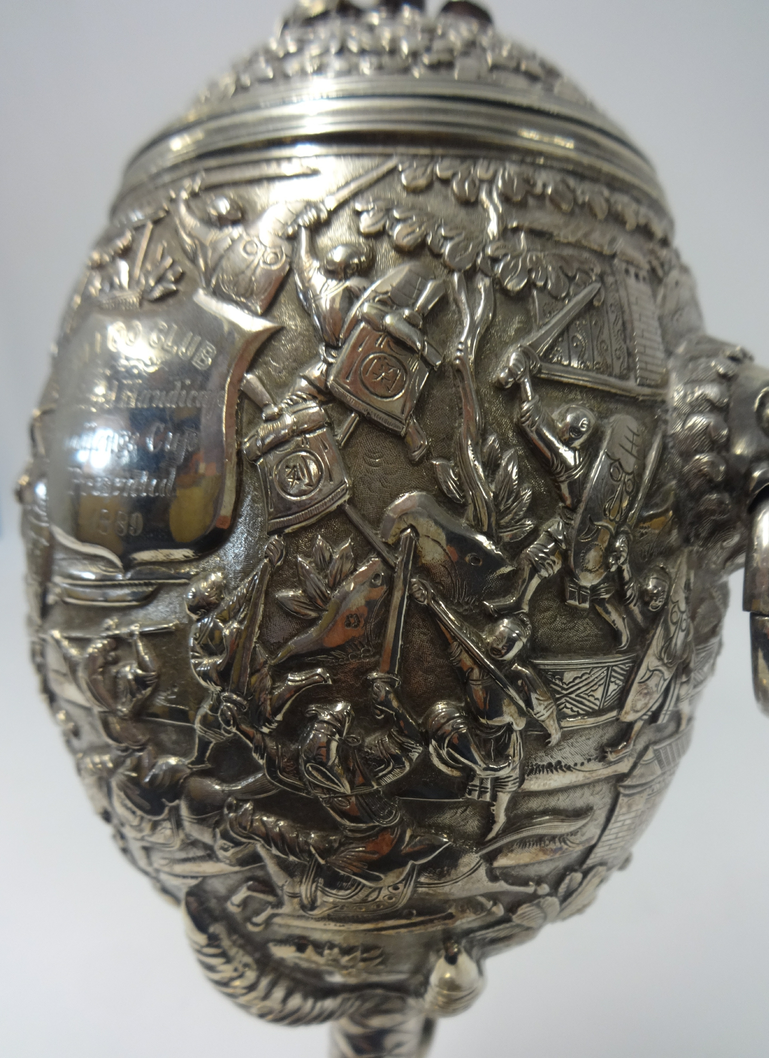 Chinese Export Silver, a Challenge Cup, richly embossed decorated with various scenes including - Image 9 of 10