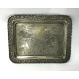 Chinese Export Silver, a presentation tray of rectangular form, the border decorated with birds and