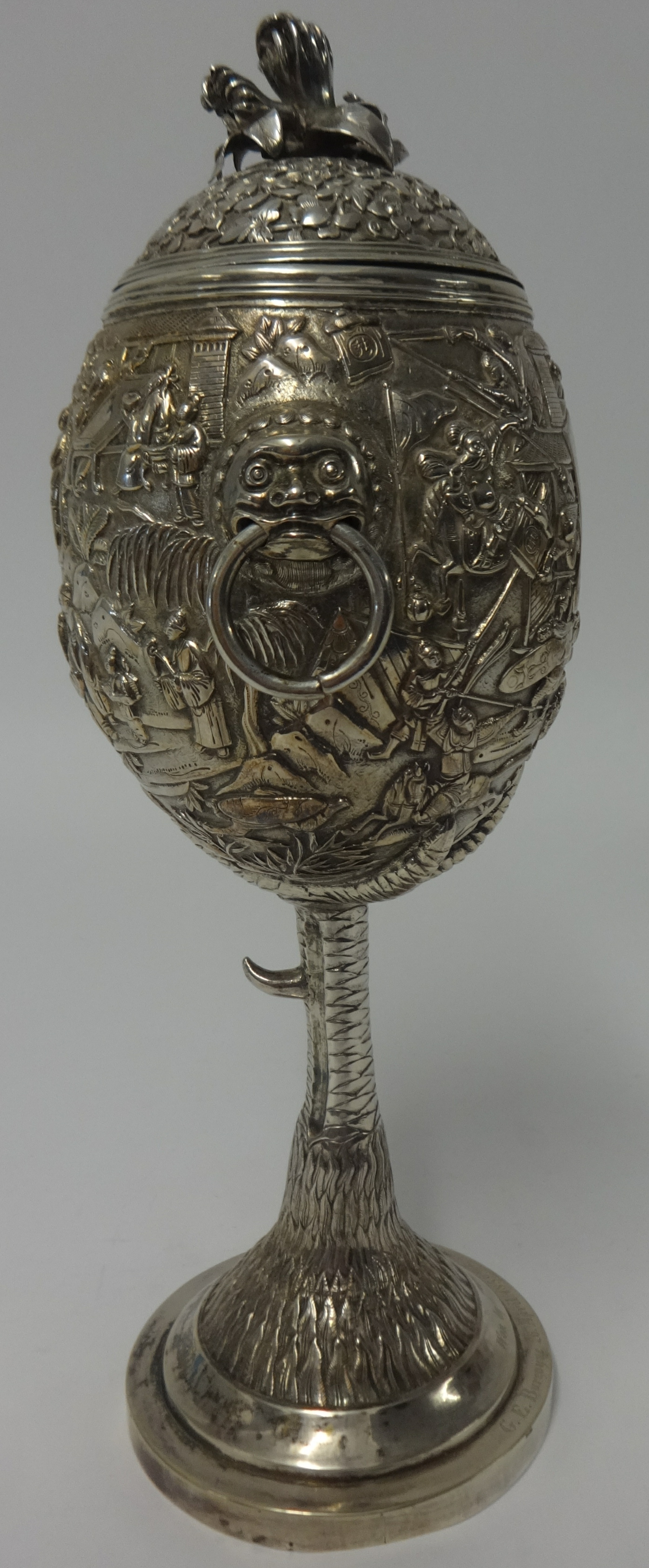 Chinese Export Silver, a Challenge Cup, richly embossed decorated with various scenes including - Image 8 of 10