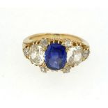 A fine sapphire and old cut diamond ring, set in yellow gold, finger size N.