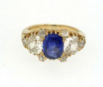 A fine sapphire and old cut diamond ring, set in yellow gold, finger size N.