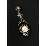 A silver and gilt miniature enamel/onyx pocket watch/locket, portrait of a lady inside, key wind