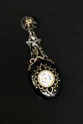 A silver and gilt miniature enamel/onyx pocket watch/locket, portrait of a lady inside, key wind