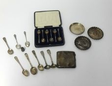 A set of six silver coffee spoons (T.B & S) in fitted case, three silver coasters and sundry