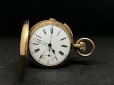 A 18ct gold full hunter repeater chronograph pocket watch, slide action, full Roman dial, sub second