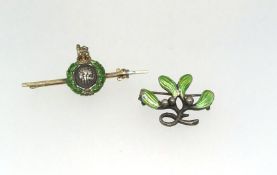 Charles Horner, a silver and enamelled flower brooch circa 1938 together with a 14ct gold bar brooch