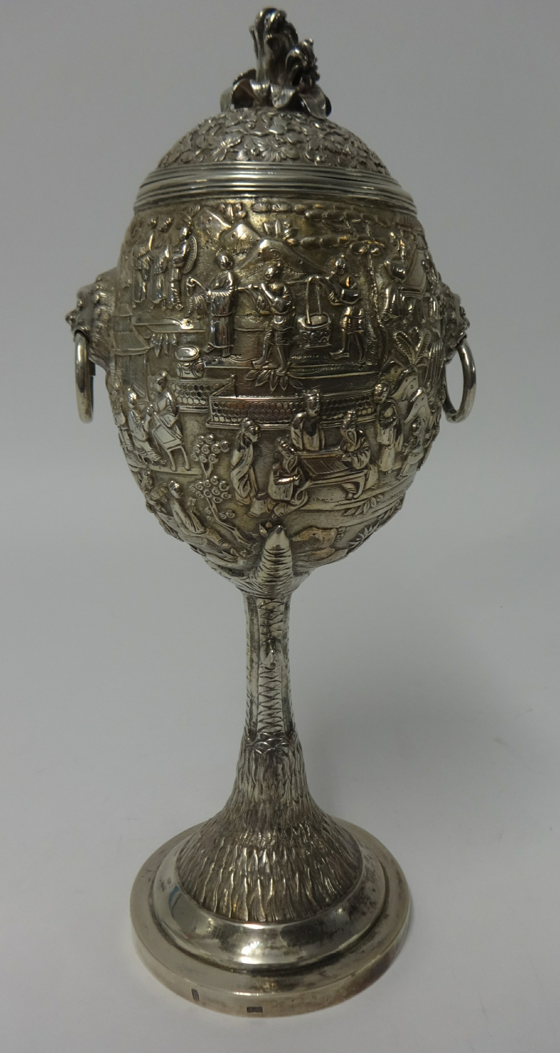 Chinese Export Silver, a Challenge Cup, richly embossed decorated with various scenes including - Image 7 of 10