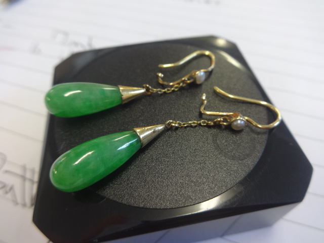 A pair of antique gold, pearl and jade drop earrings. - Image 2 of 2