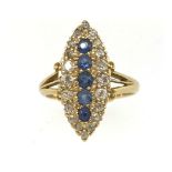 An 18ct sapphire and diamond cluster marquise ring, finger size O.
