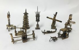 A collection of continental silver miniatures, including sedan chair, sleigh, figures with barrel,