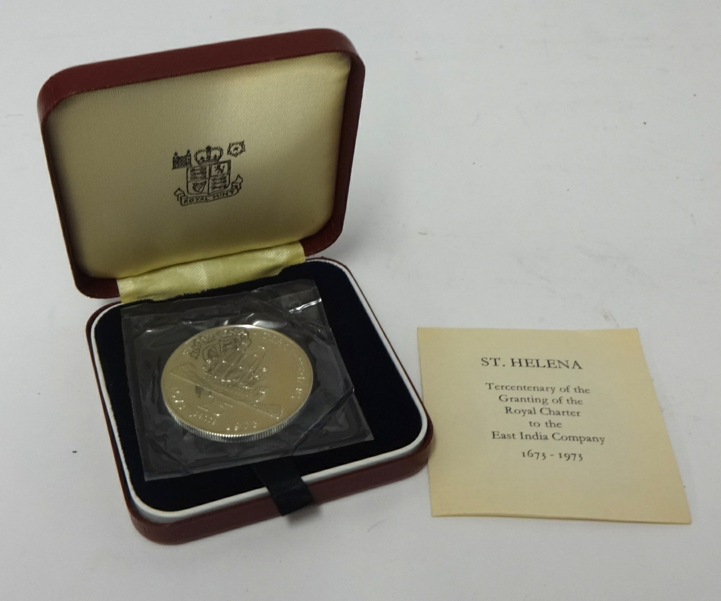 St Helena 1973 commemorative coin, East India Company, cased.