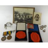 A Great War pair of medals awarded to J54178W.Rickerby.Ord.R.N also some photographs, silver