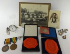 A Great War pair of medals awarded to J54178W.Rickerby.Ord.R.N also some photographs, silver