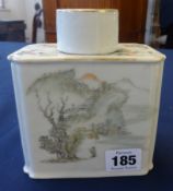 A 19th Century Chinese tea caddy with panels of decorated with landscapes and side panels of