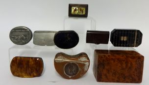 A collection of various snuff boxes including Georgian tortoise shell and silver? inlaid snuff