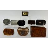 A collection of various snuff boxes including Georgian tortoise shell and silver? inlaid snuff