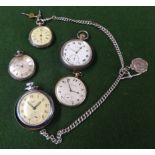 Five pocket watches including antique silver fob watch with silver guard chain, silver open face key