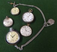 Five pocket watches including antique silver fob watch with silver guard chain, silver open face key