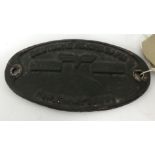 A German metal plaque inscribed Reichsbakn (probably off a train), 15cm x 7cm.