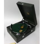 HMV, table top gramophone with green casing with three needle tins model 97 with original
