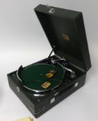 HMV, table top gramophone with green casing with three needle tins model 97 with original