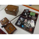 A box of various costume jewellery, sundry objects also a horse shoe mounted book slide, a swagger