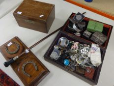 A box of various costume jewellery, sundry objects also a horse shoe mounted book slide, a swagger