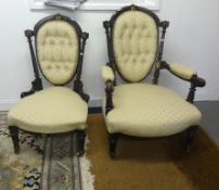 Pair Victorian ebonised framed and upholstered chairs (2)