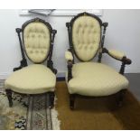 Pair Victorian ebonised framed and upholstered chairs (2)